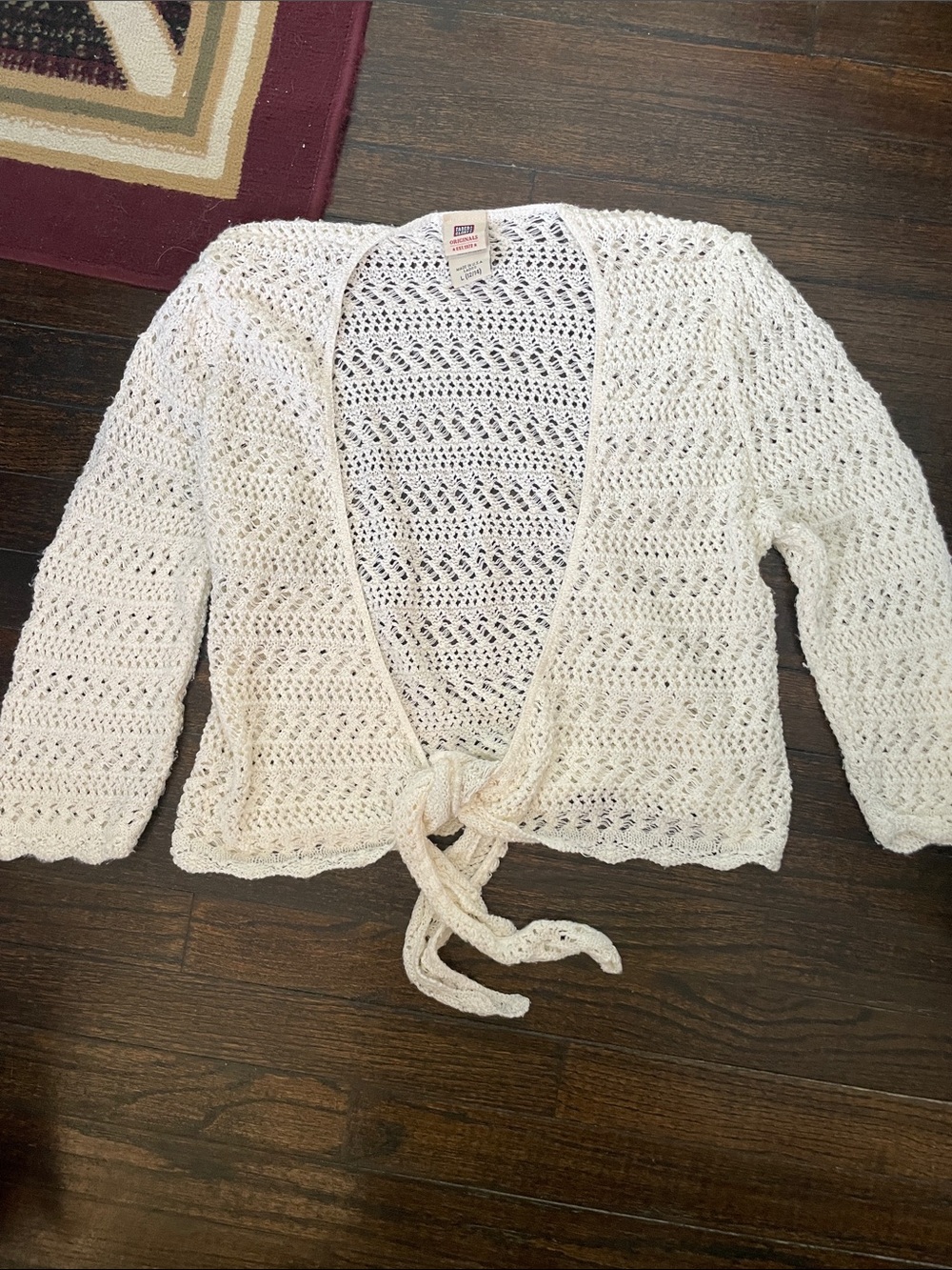 Faded Glory Cream Crochet Tie-Front Openwork Cardigan